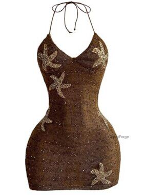 Glitter Sequin Starfish Halter Dress Boho Tie Backless Crochet Bodycon Mini